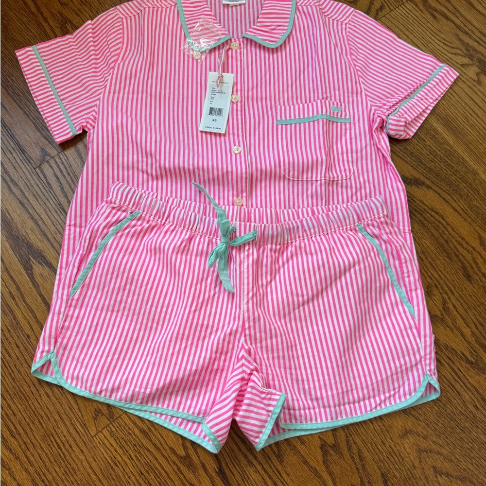 Vineyard Vines Pink and Green Striped Pajama Set